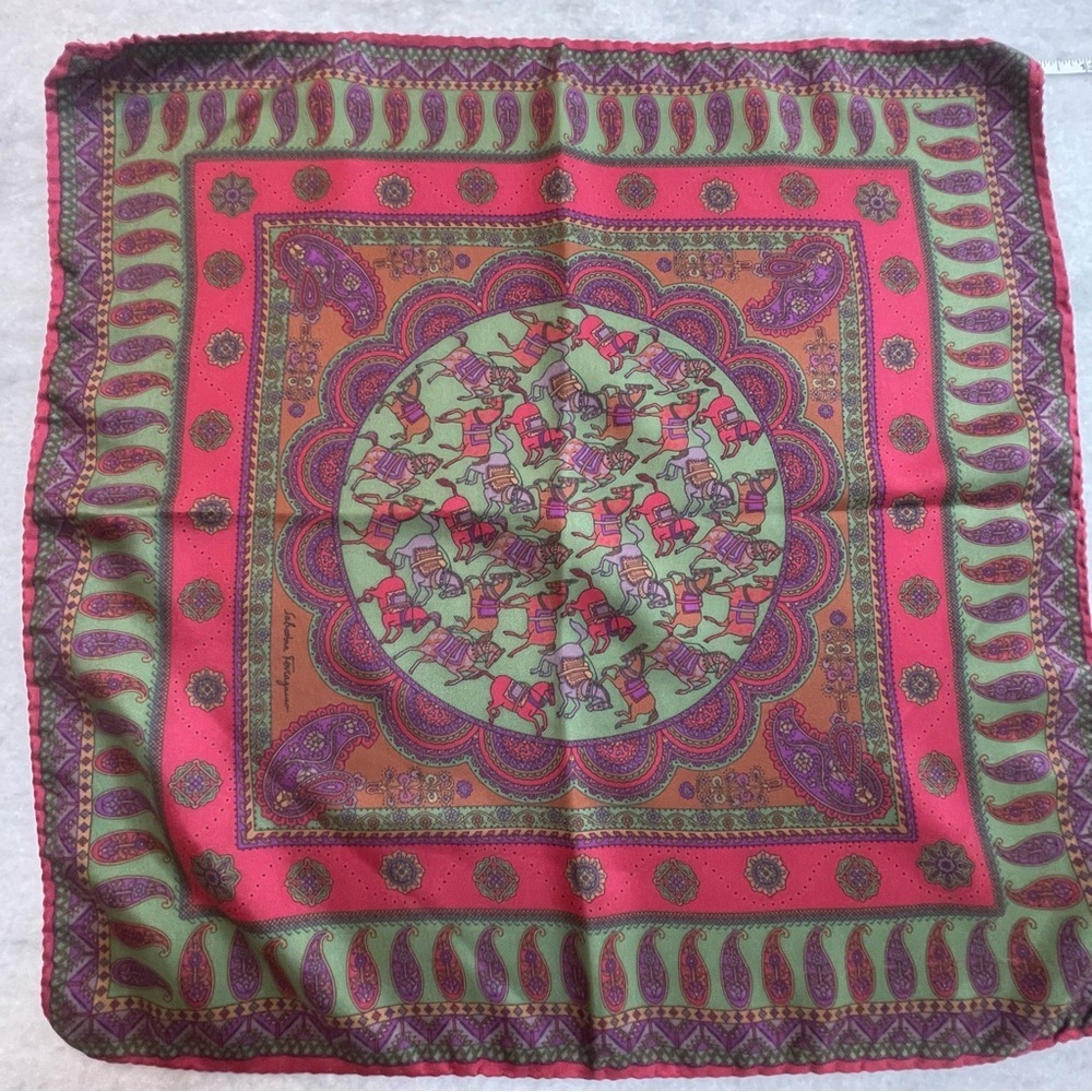 Salvatore Ferragamo 100% silk vintage scarf, horse theme green red